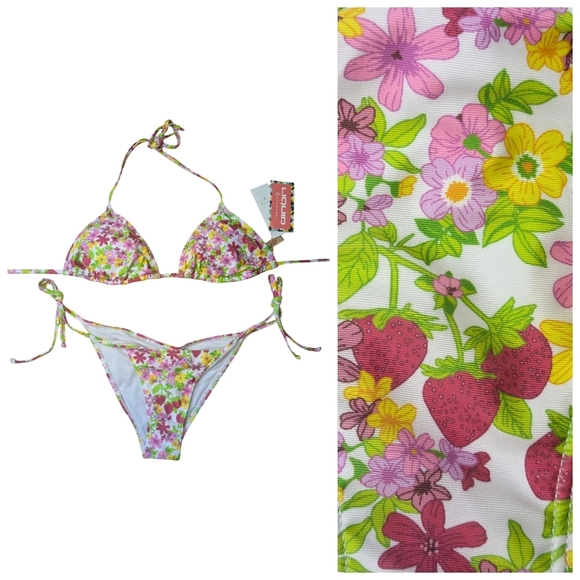 Strawberry/Floral Print Triangle Bikini With Wrap Around Too NWT* Size Small - Picture 2 of 10